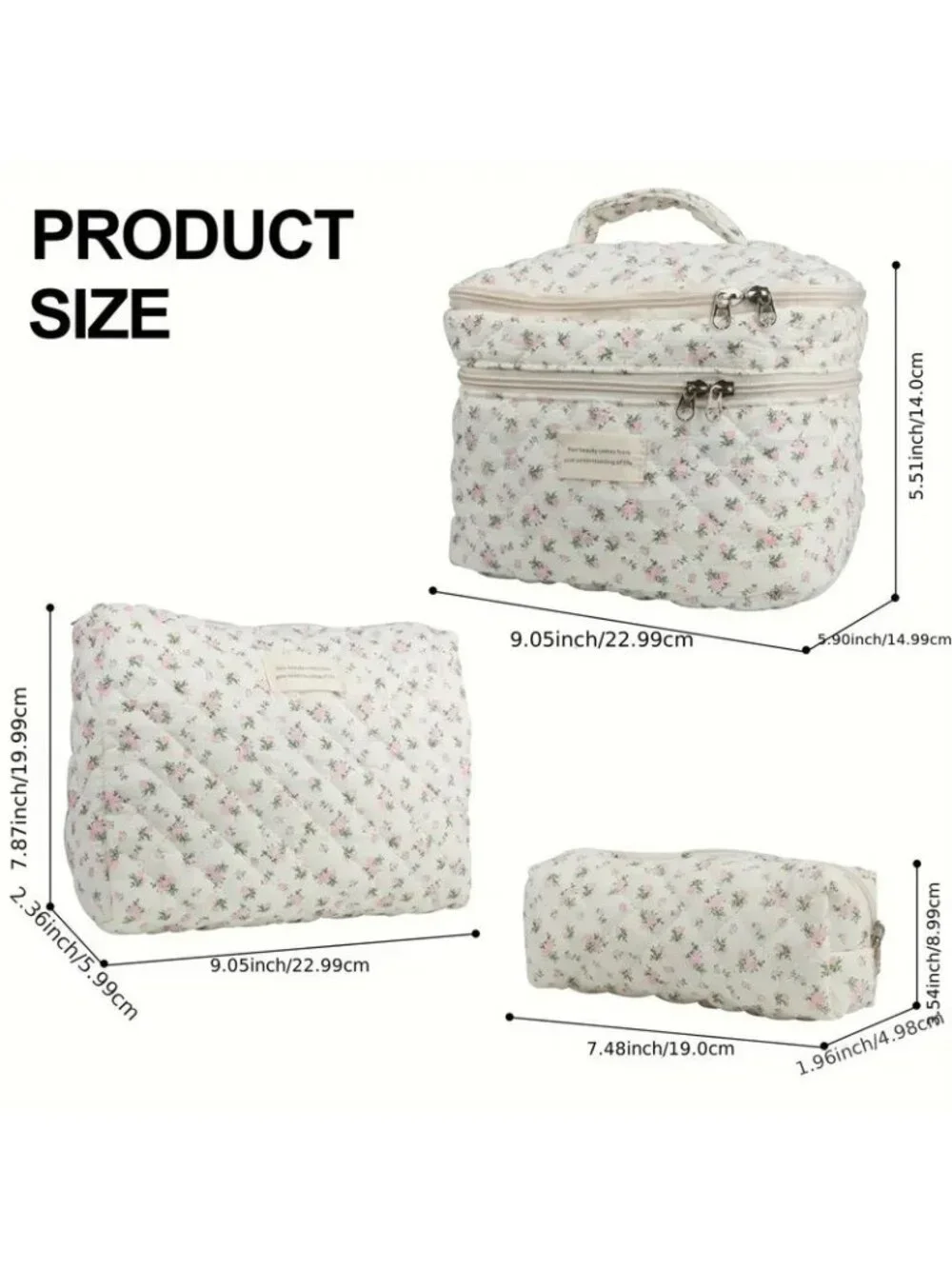 3 Pc Quilted Zip Floral Makeup Bag Set Wildflower Cosmetic Toiletry Travel Gift